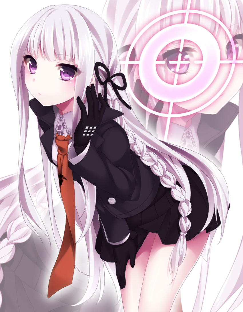 1girl, bent_over, braid, crosshair, dangan_ronpa, etou_(cherry7), frown, gloves, hair_ribbon, highres, jacket, kirigiri_kyouko, long_hair, necktie, pleated_skirt, purple_hair, ribbon, skirt, solo, violet_eyes, zoom_layer