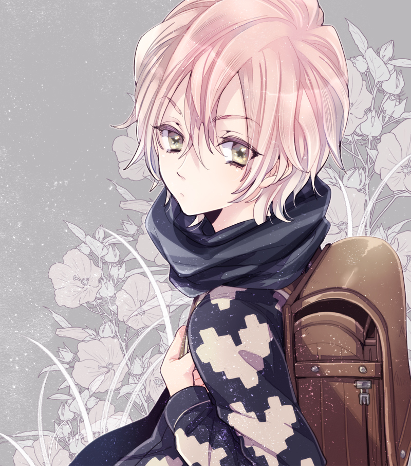 1boy, backpack, bag, endlphin, grey_eyes, male, mikado_nagi, pink_hair