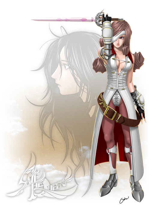 bare_shoulders, beatrix, belt, black_hair, boots, brown_hair, cleavage, eyepatch