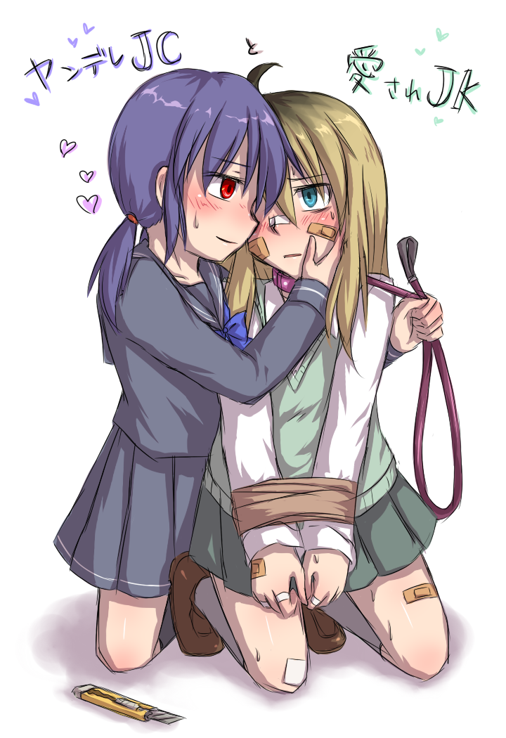 2girls, aosora_(mizore), bandaid, blonde_hair, blue_eyes, blush, boxcutter, collar