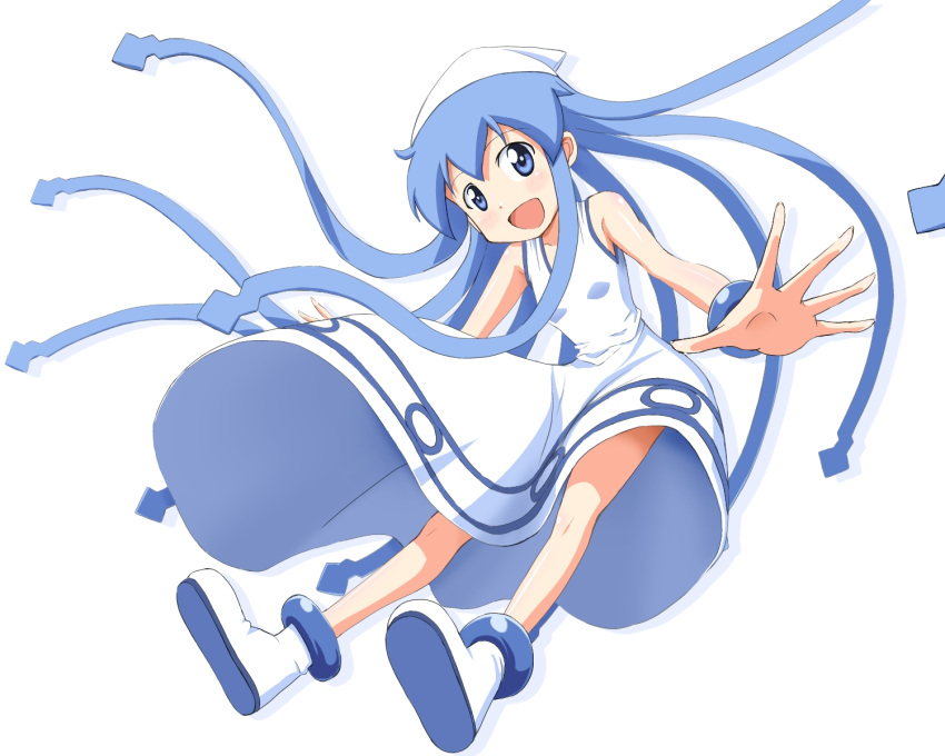 1girl, blue_eyes, blue_hair, dress, hat, highres, ikamusume, kinfuji
