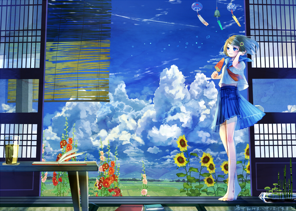 1girl, aiha-deko, book, clouds, flower, hair_flower, hair_ornament, lemonade