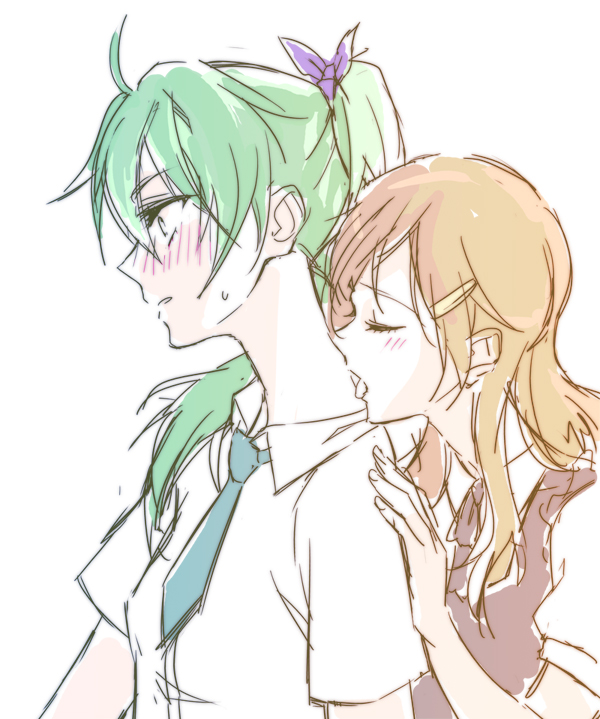 2girls, blonde_hair, blush, bust, green_hair, hair_ornament, hairclip, licking