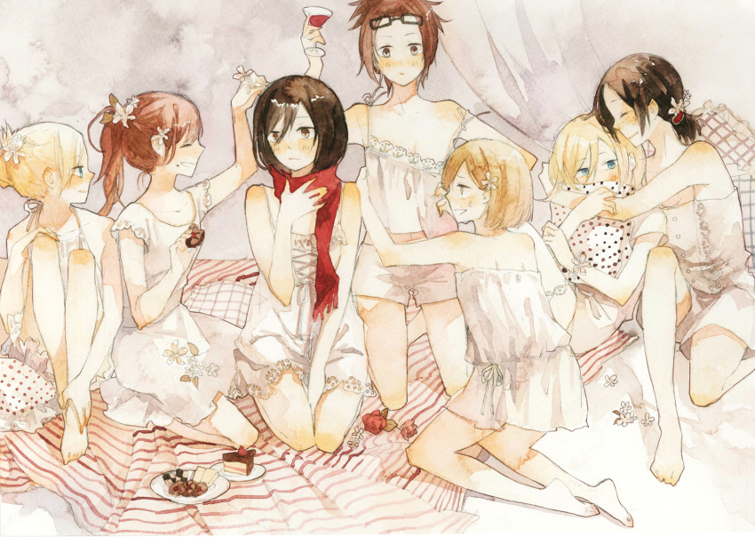6+girls, ^_^, alcohol, annie_leonhardt, bare_shoulders, barefoot, between_legs, black_hair, blonde_hair, blue_eyes, blush, brown_eyes, brown_hair, cake, christa_renz, closed_eyes, crop_top, cup, dress, feet, flower, food, freckles, glasses, glasses_on_head, hair_flower, hair_ornament, hand_between_legs, hange_zoe, hug, hug_from_behind, kneeling, lilee_(llaynie), long_hair, mikasa_ackerman, multiple_girls, off_shoulder, petra_ral, plate, polka_dot, ponytail, red_scarf, sasha_browse, scarf, shingeki_no_kyojin, short_hair, shorts, sitting, strap_slip, sundress, traditional_media, watercolor_(medium), white_dress, wine_glass, ymir_(shingeki_no_kyojin)
