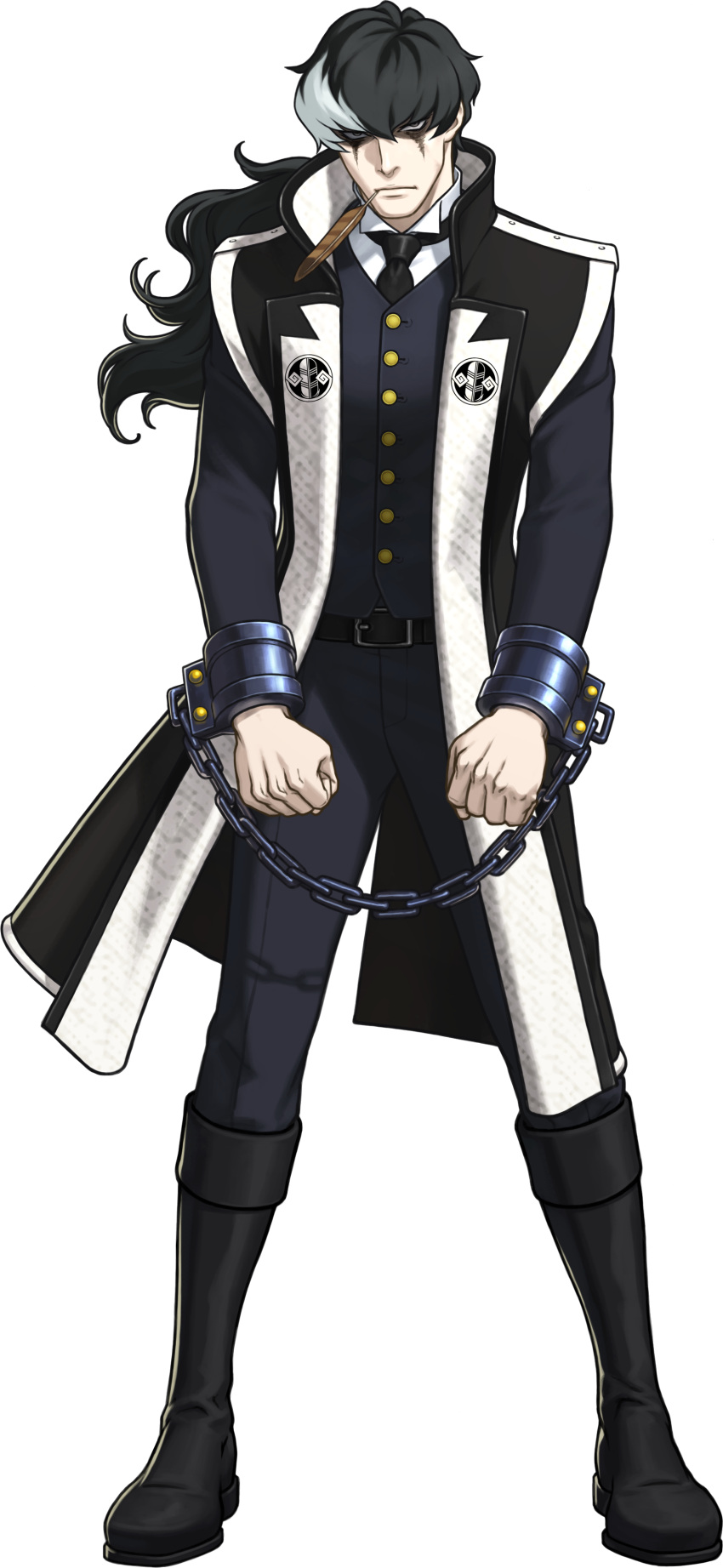 1boy, absurdres, belt, black_hair, boots, clenched_hands, cuffs, feathers, grey_eyes, gyakuten_saiban, hair_between_eyes, handcuffs, highres, jacket, knee_boots, looking_at_viewer, male, multicolored_hair, necktie, official_art, pants, ponytail, shaded_face, solo, transparent_background, two-tone_hair, wavy_hair, white_hair, yuugami_jin
