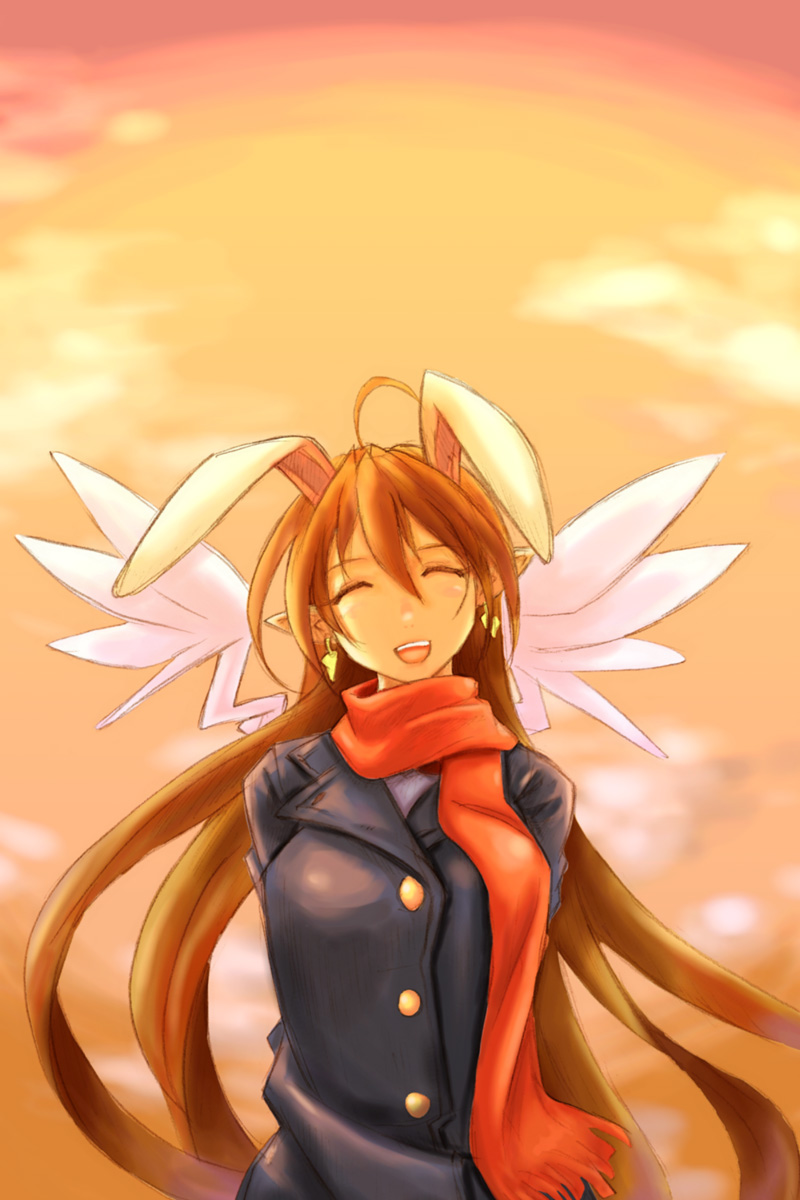 1girl, animal_ears, arms_behind_back, breasts, brown_hair, closed_eyes, facing_viewer, highres, long_hair, noname_(nowhere), open_mouth, original, rabbit_ears, rumi_(netyhobby), scarf, smile, solo, very_long_hair, wings
