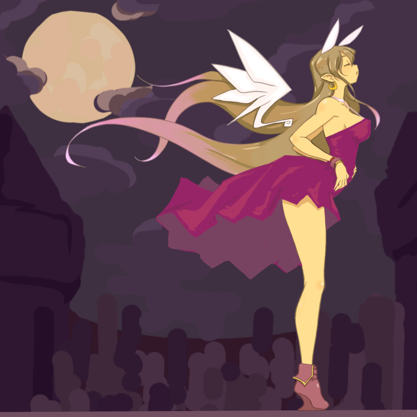 1girl, animal_ears, breasts, brown_hair, closed_eyes, dress, full_moon, highres, long_hair, moon, noname_(nowhere), original, profile, purple_dress, rabbit_ears, rumi_(netyhobby), solo, wings