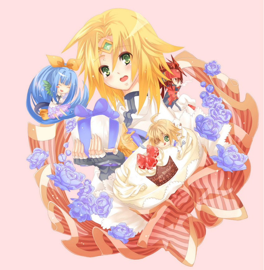 birthday, blonde_hair, cake, chibi, crown, dizzy, fingerless_gloves, flower