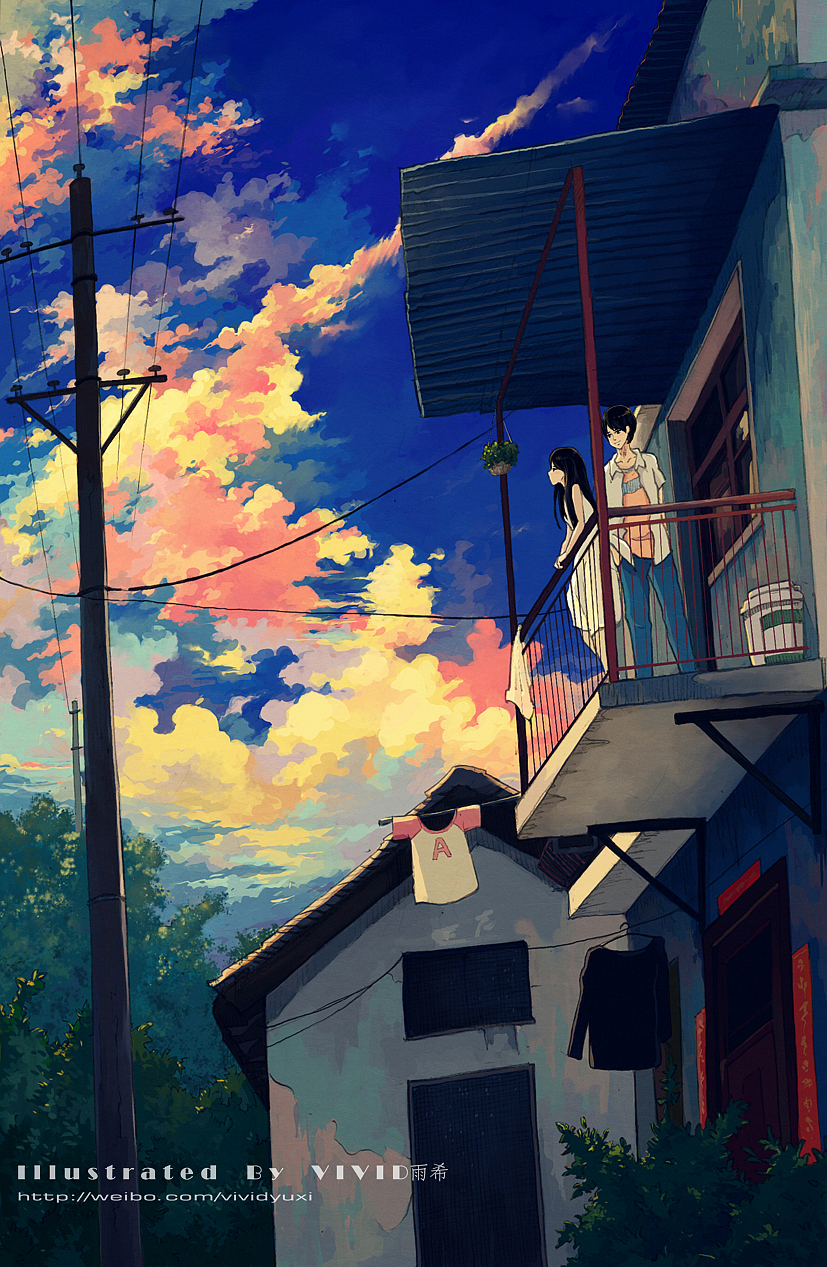 1boy, 1girl, artist_name, balcony, black_eyes, black_hair, clouds, highres, house, long_hair, original, plant, potted_plant, power_lines, sky, telephone_pole, tree, vividyuxi, watermark, web_address