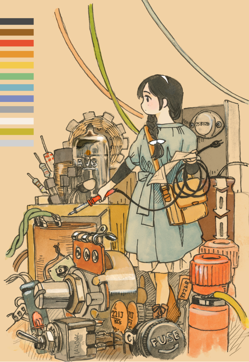 1girl, akai_sashimi, bag, black_eyes, black_hair, blue_dress, braid, cable, capacitor, dress, hairband, highres, long_hair, original, oversized_object, profile, resistor, shoulder_bag, simple_background, single_braid, soldering_iron, solo, tumbler, vacuum_tube