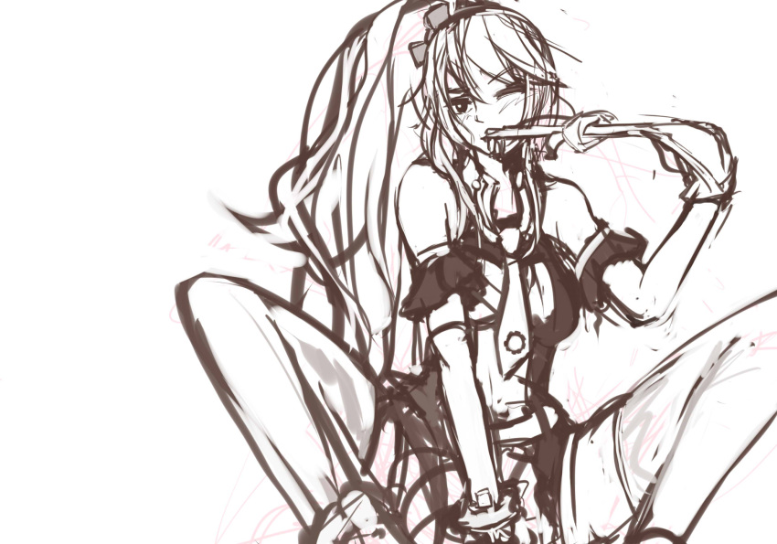 1girl, anime_revolution, glove_pull, hair_ornament, highres, long_hair, mascot, monochrome