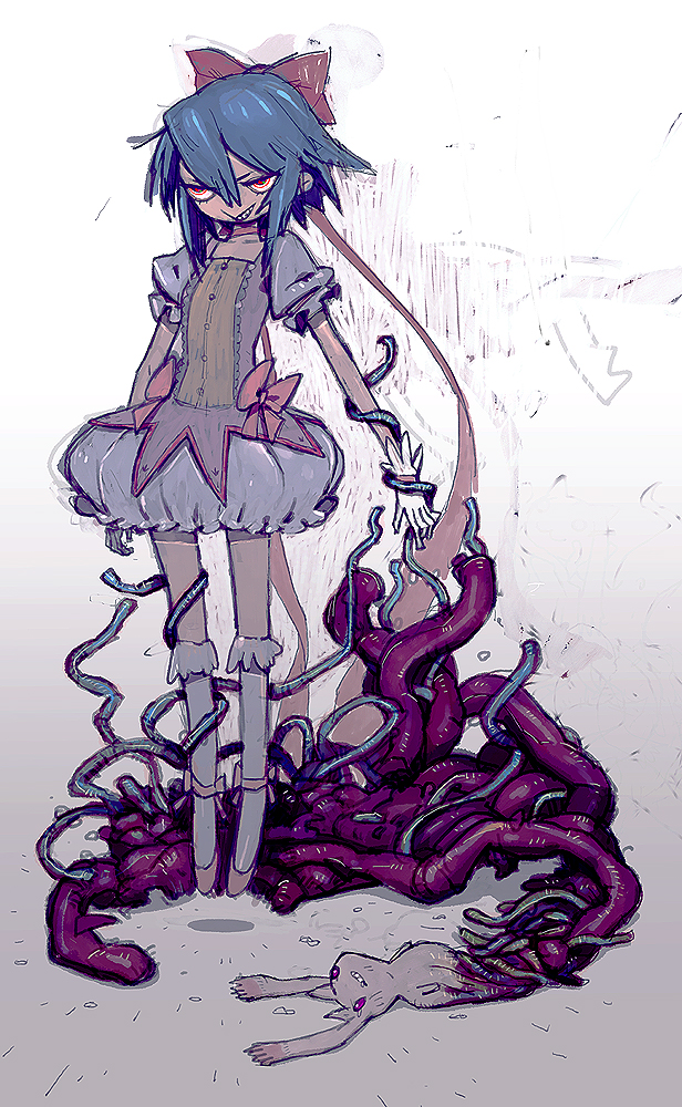 1girl, blue_hair, bow, bubble_skirt, crazy_eyes, entrails, flat_chest, floating