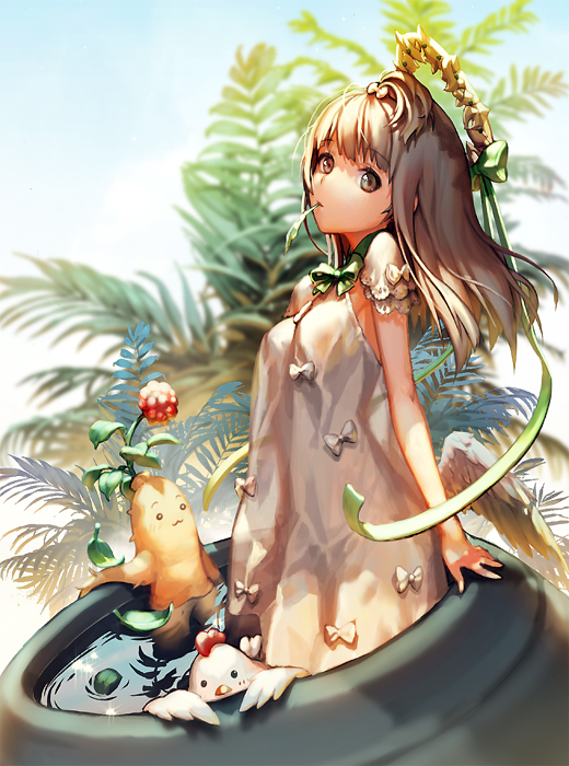 bare_shoulders, bird, blonde_hair, brown_eyes, chicken, clouds, flower, hair_ornament