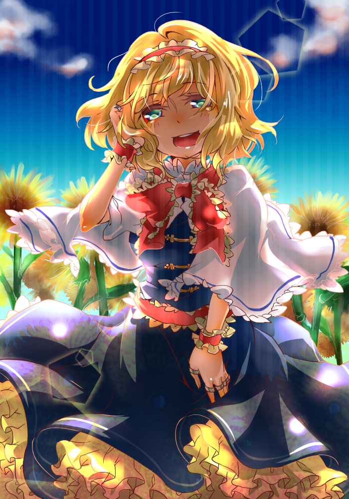 1girl, alice_margatroid, blonde_hair, blue_eyes, capelet, dress, field, flower
