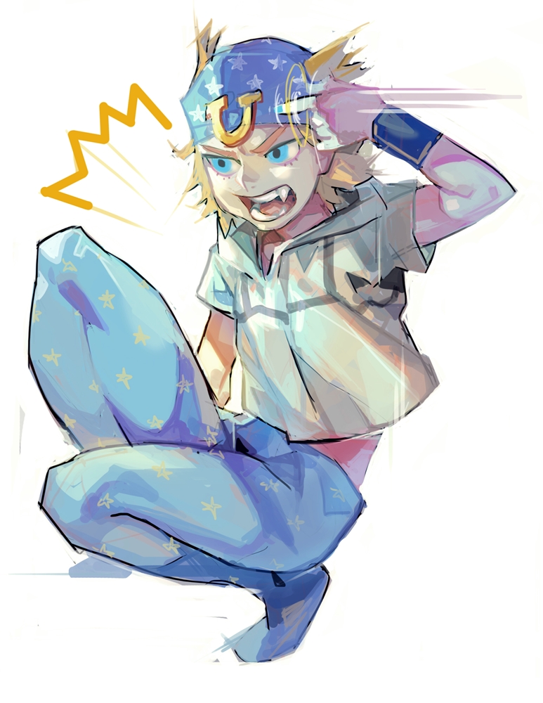 /\/\/\, 1boy, blonde_hair, blue_eyes, darehound, fang, hat, johnny_joestar
