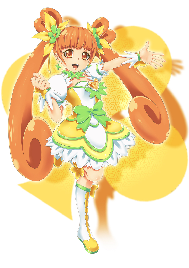 1girl, arm_up, boots, bow, brown_eyes, brown_hair, choker, cure_rosetta