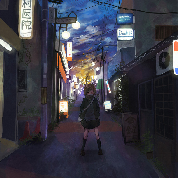 1girl, air_conditioner, bag, brown_hair, city_lights, cityscape, closed_eyes, cloudy_sky