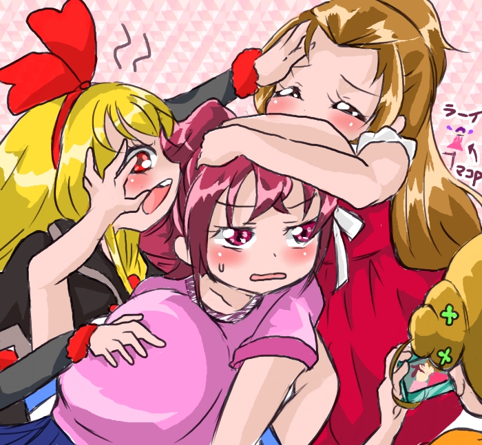 5girls, aida_mana, angry, blonde_hair, blue_hair, blush, brown_hair, camera, closed_eyes, dokidoki!_precure, fighting, hairband, happy, head_hug, head_under_clothes, hishikawa_rikka, hug, long_hair, madoka_aguri, multiple_girls, nattanata, orange_hair, pink_eyes, pink_hair, precure, pushing, pushing_face, red_eyes, red_ribbon, regina_(dokidoki!_precure), ribbon, yotsuba_alice