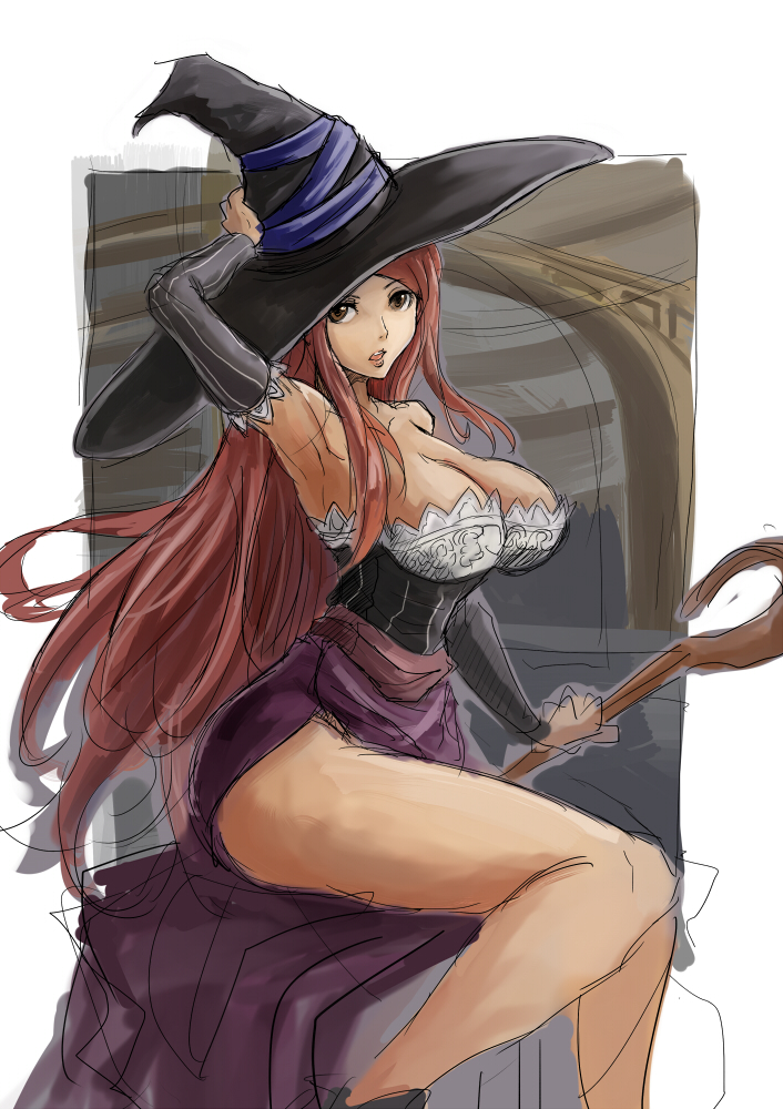 1girl, armpits, bare_shoulders, breasts, brown_eyes, brown_hair, cleavage, detached_sleeves, dragon's_crown, hat, huge_breasts, long_hair, side_slit, sketch, skirt, sorceress_(dragon's_crown), soweldao, staff, vanillaware, witch_hat