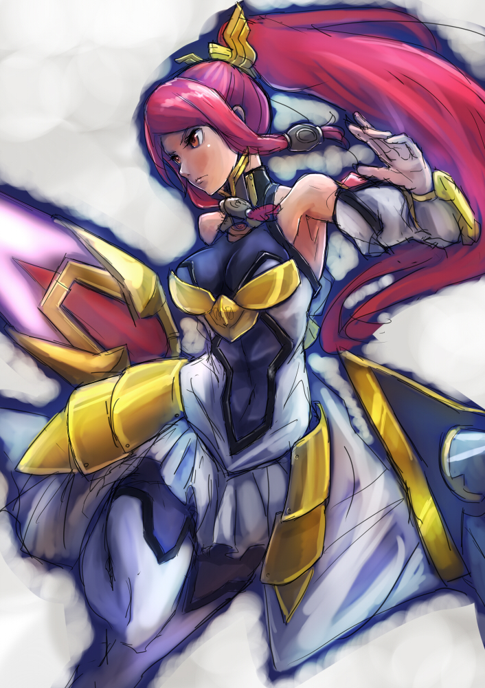 1girl, armor, armored_dress, bare_shoulders, blazblue, blazblue:_chrono_phantasma, breasts, detached_sleeves