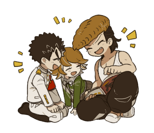 3boys, ^_^, armband, black_hair, boots, brown_hair, closed_eyes, dangan_ronpa, fang, fujisaki_chihiro, gakuran, ishimaru_kiyotaka, lowres, magazine, multiple_boys, oowada_mondo, open_mouth, pointing, pompadour, ribbon, sawarabi_shun, school_uniform, seiza, sitting, smile, tank_top, trap