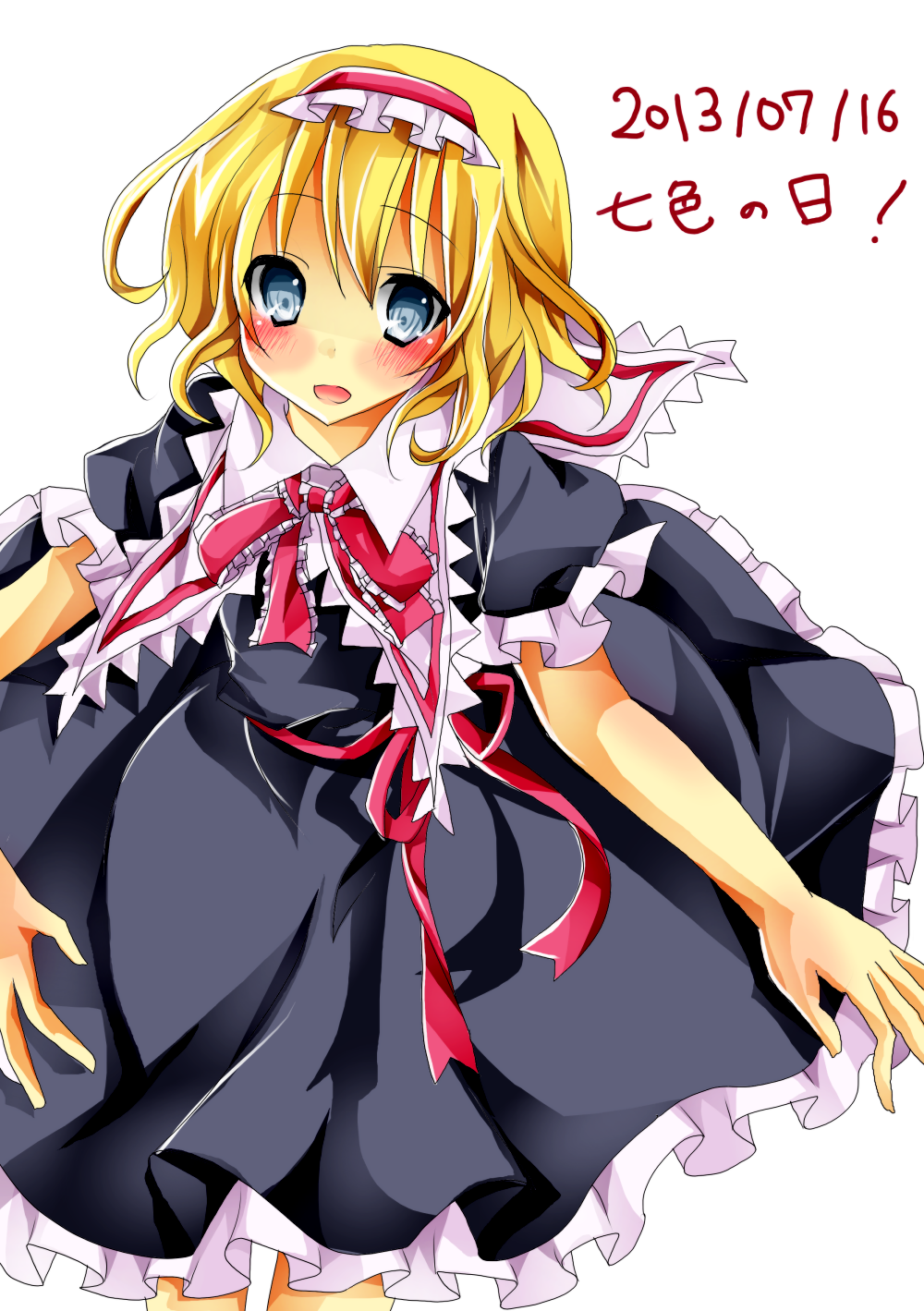 1girl, alice_margatroid, blonde_hair, blue_hair, blush, cape, frills, hair_ribbon