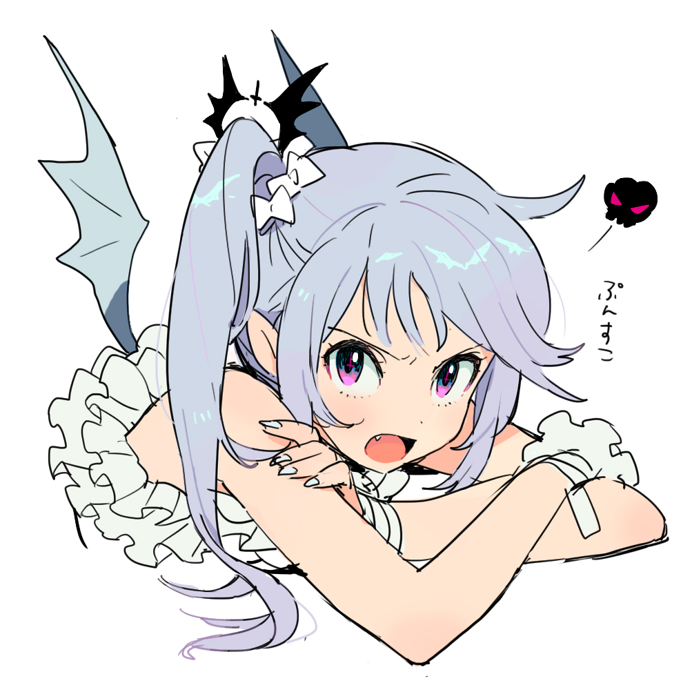 1girl, bat_wings, blue_hair, bow, crossed_arms, fang, fingernails, frills, glaring, hair_bow, long_fingernails, long_hair, open_mouth, original, pink_eyes, poo_(donkan_gokko), side_ponytail, solo, wings, wrist_cuffs