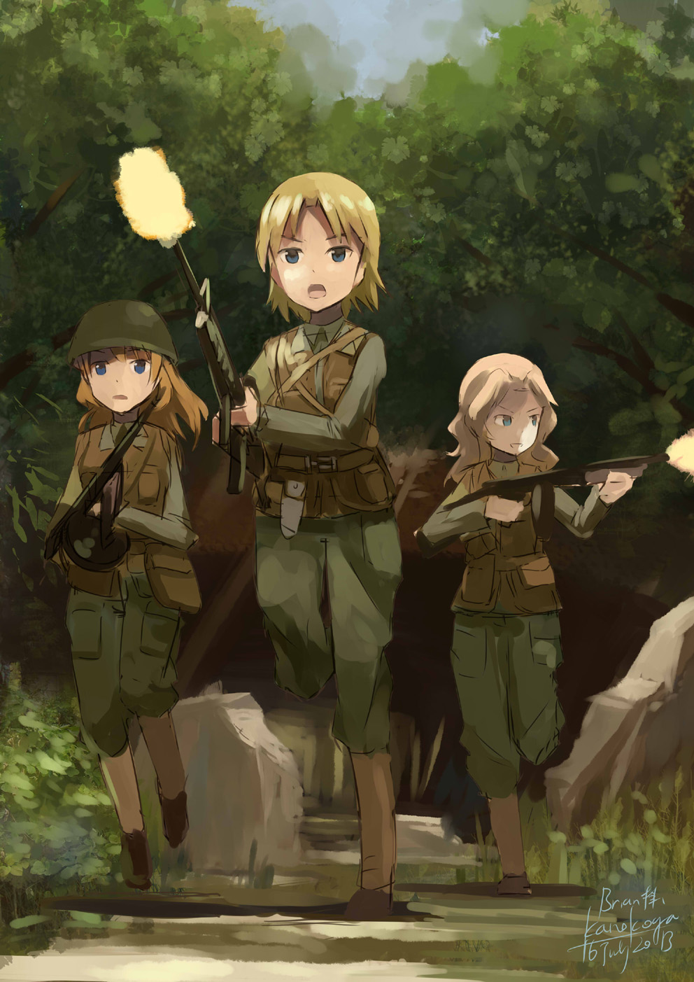 artist_name, assault_rifle, blonde_hair, blue_eyes, brown_hair, charlotte_e_yeager, dated, girls_und_panzer