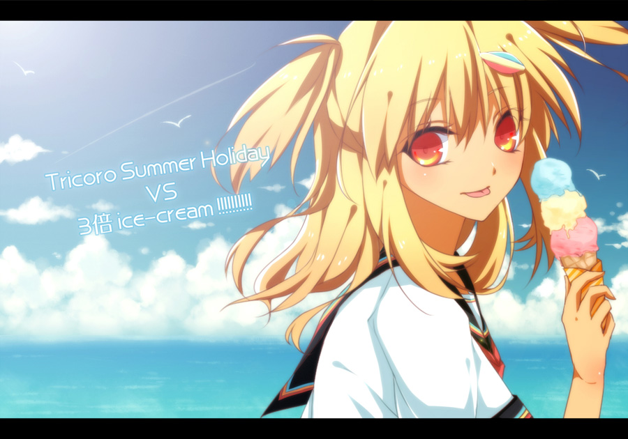 1girl, beatmania, beatmania_iidx, blonde_hair, blush, food, hair_ornament, ice_cream