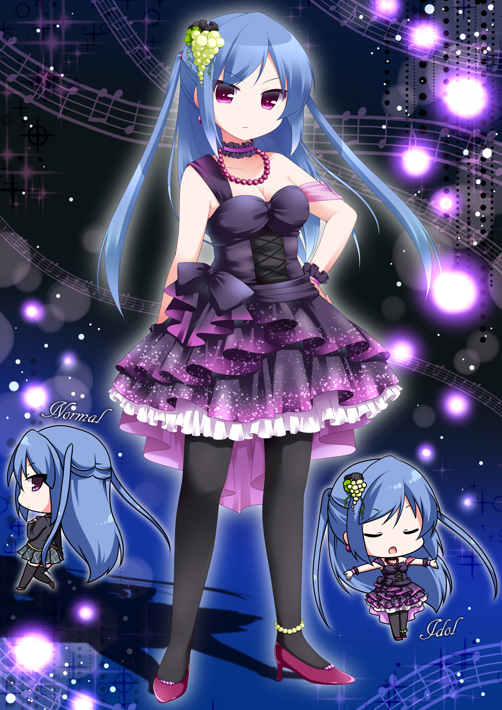 3girls, anklet, black_legwear, blazer, blue_hair, breasts, chibi, choker