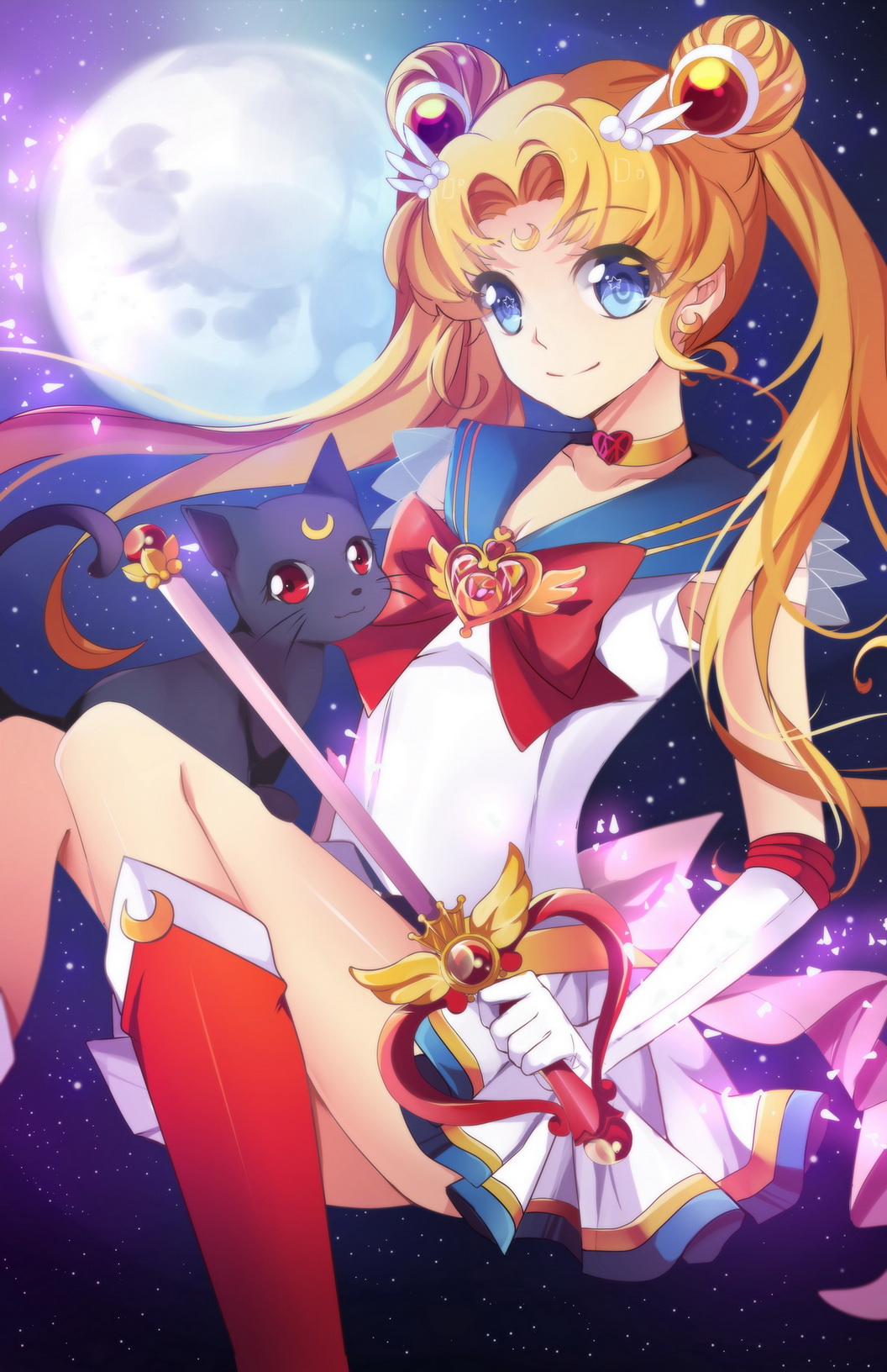 1girl, bishoujo_senshi_sailor_moon, blonde_hair, blue_eyes, boots, bow, cat, choker, crescent_moon, double_bun, earrings, elbow_gloves, facial_mark, forehead_mark, full_moon, gloves, hair_ornament, highres, jewelry, long_hair, magical_girl, moon, night, sailor_collar, sailor_moon, skirt, sky, smile, solo, squadra, tiara, tsukino_usagi, twintails