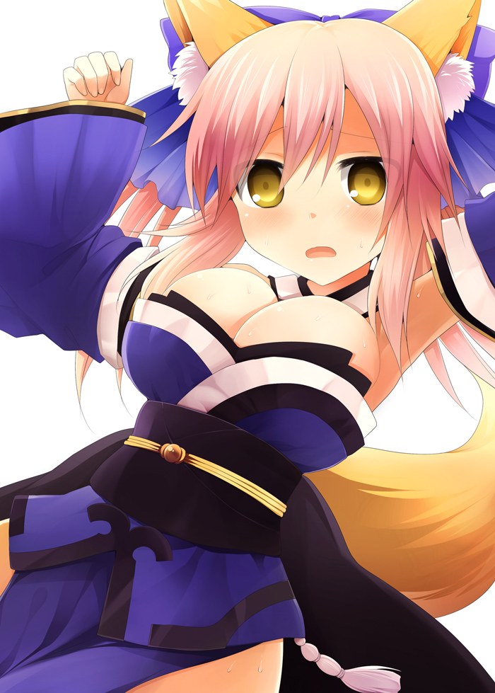 1girl, animal_ears, bare_shoulders, bow, breasts, bursting_breasts, caster_(fate/extra), choker