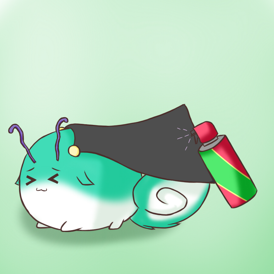 >_<, 1girl, antennae, bugspray, cape, no_humans, noiz, simple_background