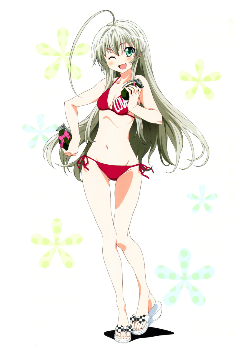 1girl, ;d, absurdres, ahoge, bare_legs, bare_shoulders, bikini, breasts