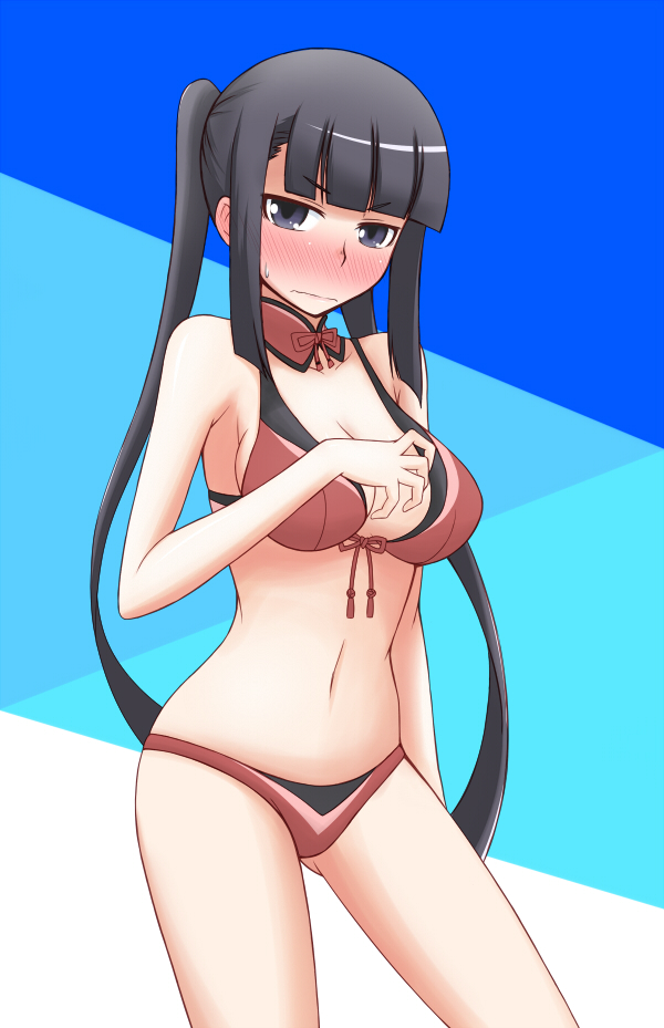 1girl, bikini, black_eyes, black_hair, blush, long_hair, okota1869, summon_night
