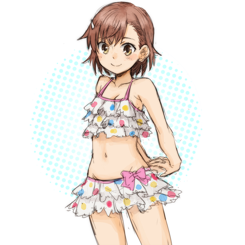 1girl, asababa_kure, bikini, bikini_skirt, brown_eyes, brown_hair, frilled_bikini, frills