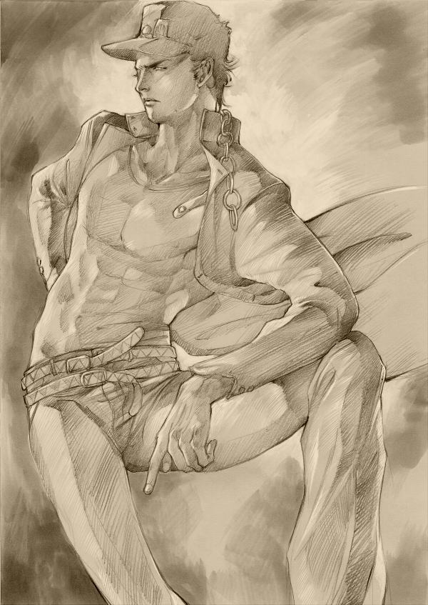 1boy, chain, gakuran, graphite_(medium), jojo_no_kimyou_na_bouken, kuujou_joutarou, lilyito, long_coat