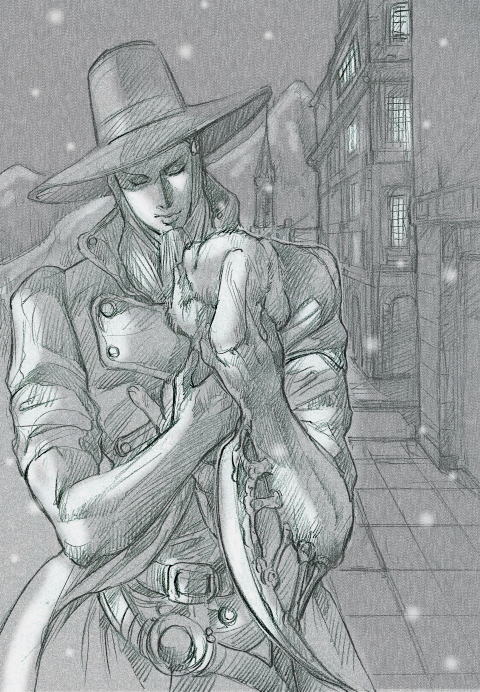 1boy, arm_blade, cars_(jojo), dog, hat, jojo_no_kimyou_na_bouken, lilyito, long_coat
