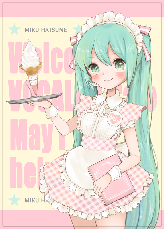 1girl, apron, aqua_eyes, aqua_hair, blush, character_name, copyright_name, dress