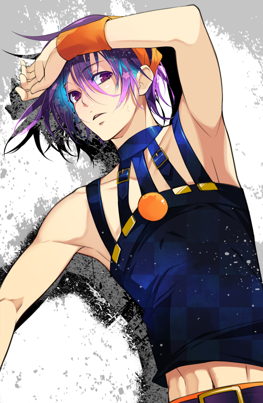 1boy, blue_hair, gradient_hair, headband, highres, jojo_no_kimyou_na_bouken, multicolored_hair, narancia_ghirga