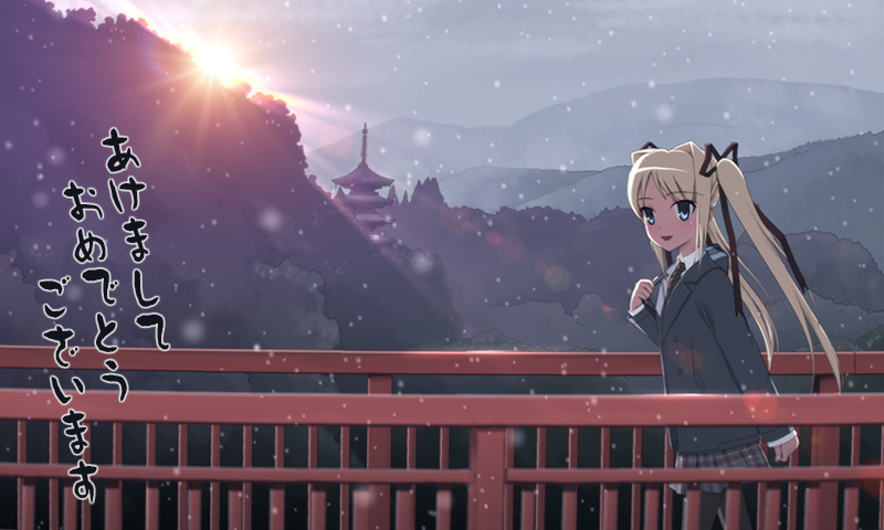 bridge, east_asian_architecture, forest, hair_ribbon, kai_ha, light, nature, new_year, pagoda, ribbon, school_uniform, skirt, sky, smile, snow, sun, sunset, temple, tree, twintails