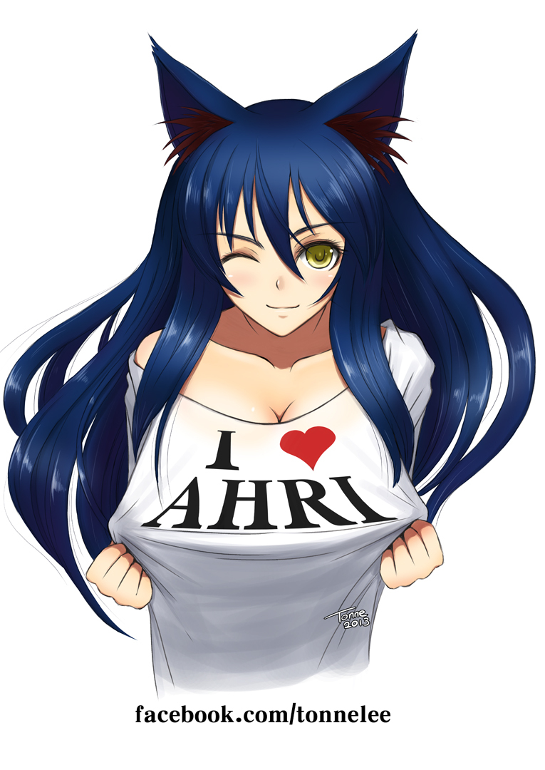 1girl, ahri, animal_ears, blue_hair, blush, breasts, character_name, cleavage
