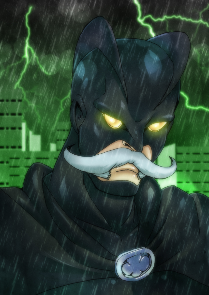 1boy, batman, batman_(cosplay), batman_(series), beard, cape, city, cityscape