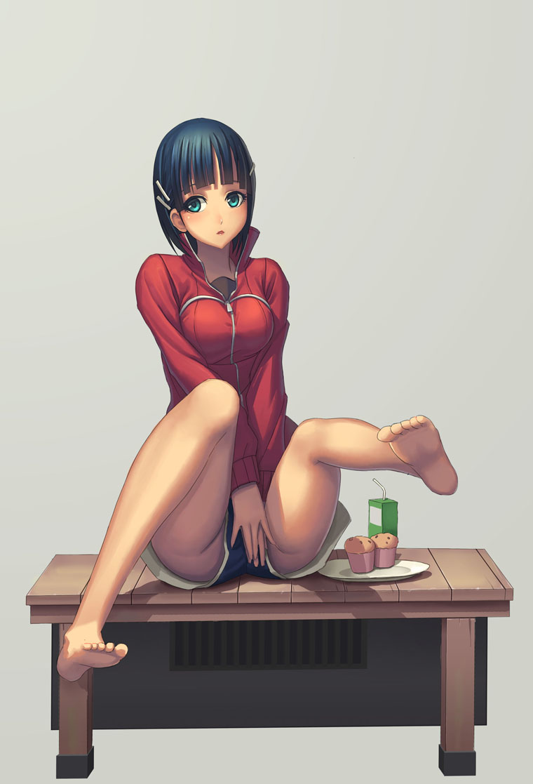 1girl, barefoot, black_hair, casual, green_eyes, guang_yiren, jacket, juice_box, kirigaya_suguha, muffin, short_hair, sword_art_online, track_jacket
