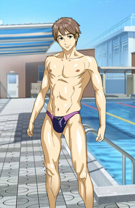 1boy, abs, brown_hair, free!, green_eyes, male, pool, poolside