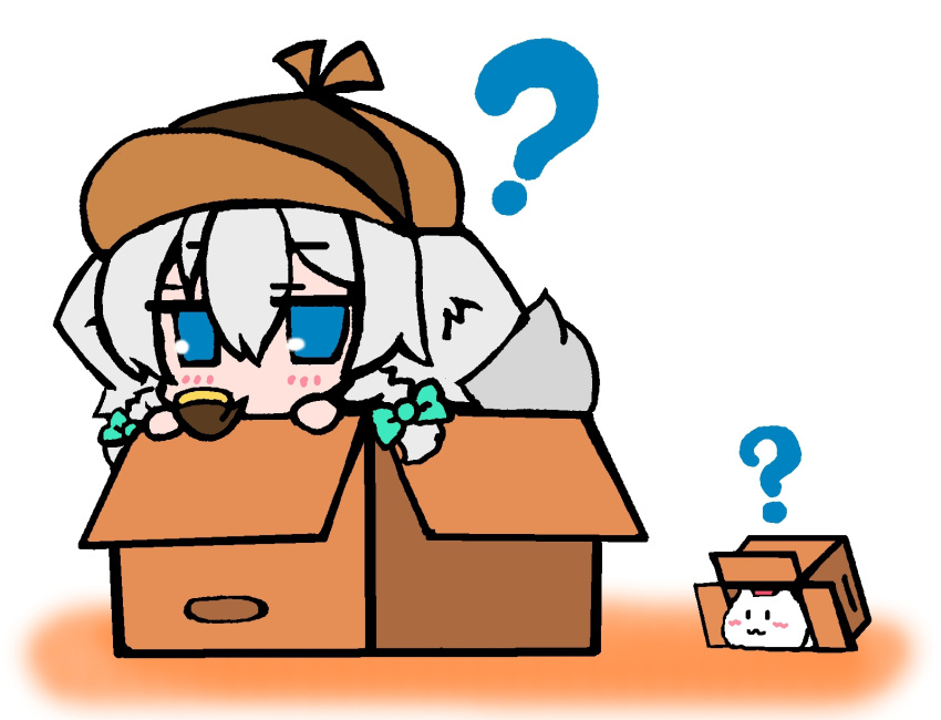 ?, animal_ears, blue_eyes, bonobono_(en-rai), box, chibi, detective, dog_ears
