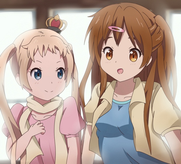 2girls, blonde_hair, blue_eyes, brown_eyes, brown_hair, chuunibyou_demo_koi_ga_shitai!, crown, dekomori_sanae