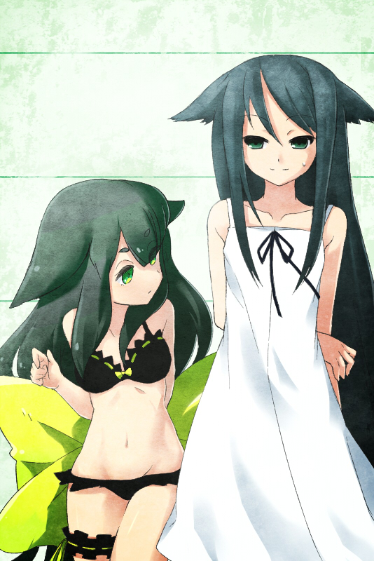 2girls, absurdly_long_hair, arm_behind_back, arm_up, bare_shoulders, bikini, black_bikini, blue_hair
