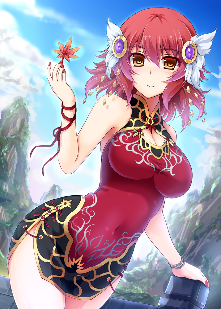 1girl, blush, breasts, brown_eyes, china_dress, chinese_clothes, cleavage, cleavage_cutout, clothed_navel, dutch_angle, hair_ornament, hill, kikyou-0423, leaf, looking_at_viewer, maple_leaf, original, parted_lips, redhead, short_hair, sky, solo