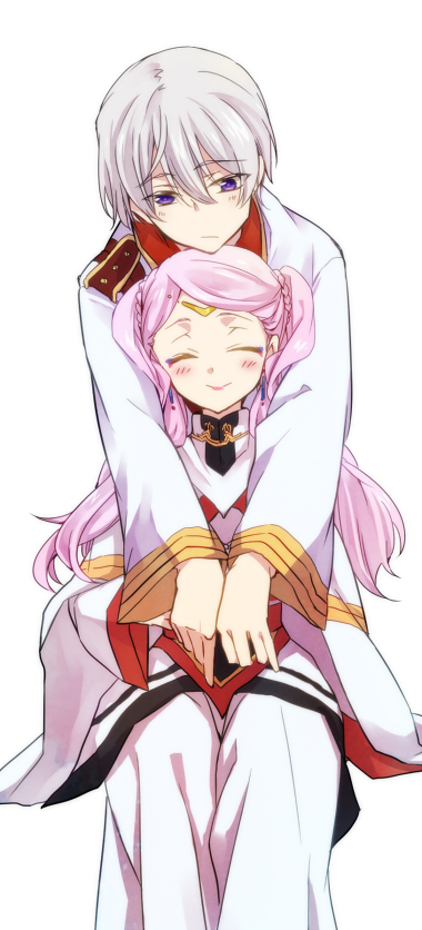 1boy, 1girl, closed_eyes, hug, kakumeiki_valvrave, l-elf, lieselotte, long_hair